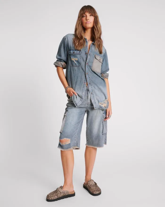 DIRTY BLUE EVERYDAY DENIM SHIRT Women One Teaspoon Denim Tops DIRTY BLUE EVERYDAY DENIM SHIRT Women One Teaspoon Denim Tops