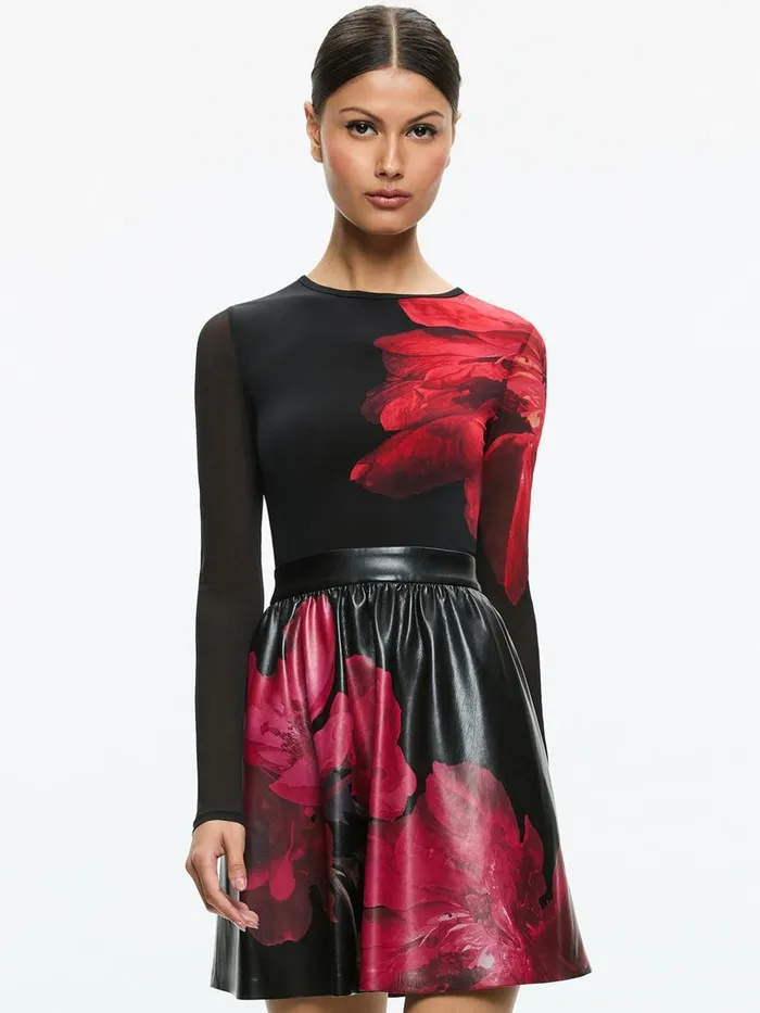 Dresses Women Alice Olivia CHARA VEGAN LEATHER CREW NECK LONG SLEEVE GATHERED DRESS Peony Petals Bright Ruby
