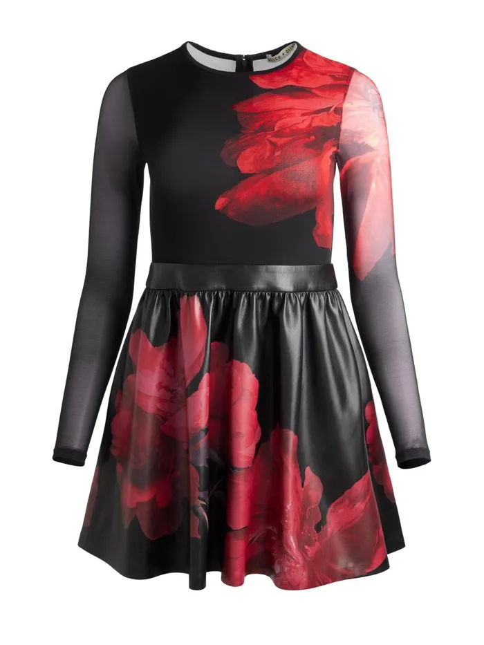 Dresses Women Alice Olivia CHARA VEGAN LEATHER CREW NECK LONG SLEEVE GATHERED DRESS Peony Petals Bright Ruby