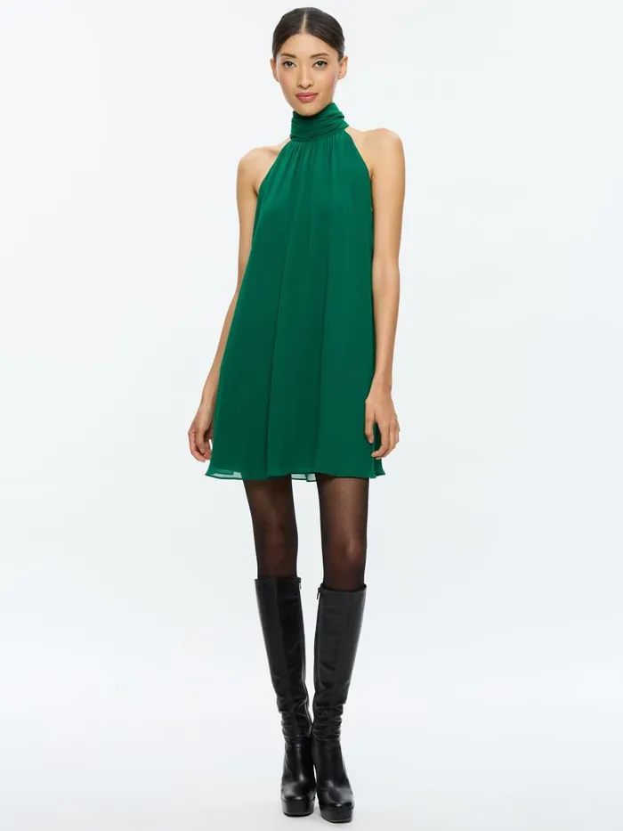 Dresses Women Alice Olivia CORINE HALTER TIE NECK TRAPEZE MINI DRESS Forest Green Dresses Women Alice Olivia CORINE HALTER TIE NECK TRAPEZE MINI DRESS Forest Green