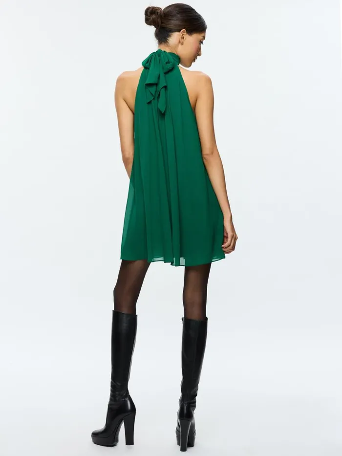 Dresses Women Alice Olivia CORINE HALTER TIE NECK TRAPEZE MINI DRESS Forest Green