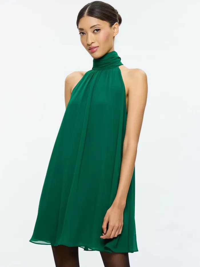 Dresses Women Alice Olivia CORINE HALTER TIE NECK TRAPEZE MINI DRESS Forest Green