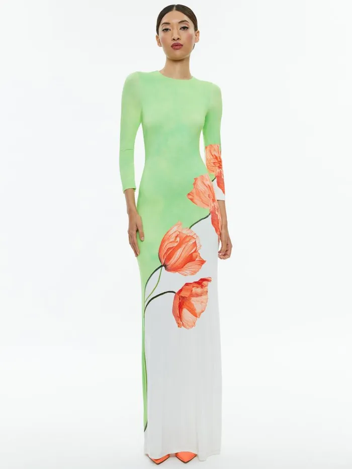 Dresses Women Alice Olivia DELORA OPEN BACK CREW NECK MAXI DRESS Dream Life Sharp Green