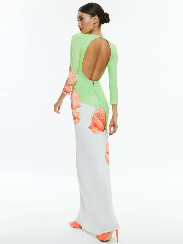 Dresses Women Alice Olivia DELORA OPEN BACK CREW NECK MAXI DRESS Dream Life Sharp Green