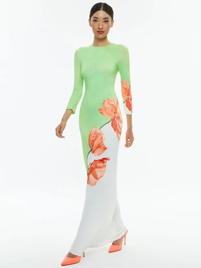 Dresses Women Alice Olivia DELORA OPEN BACK CREW NECK MAXI DRESS Dream Life Sharp Green