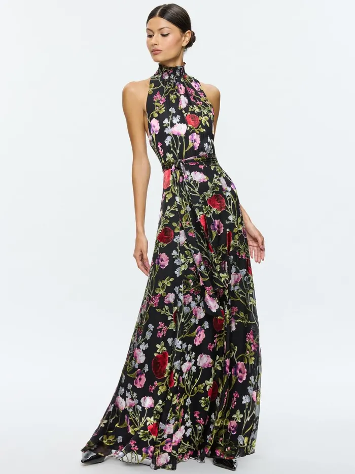Dresses Women Alice Olivia DITA SMOCKED NECK GODET BURNOUT MAXI DRESS Floral Dreams