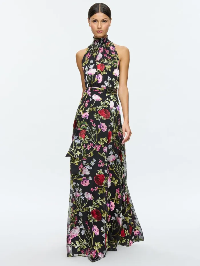 Dresses Women Alice Olivia DITA SMOCKED NECK GODET BURNOUT MAXI DRESS Floral Dreams