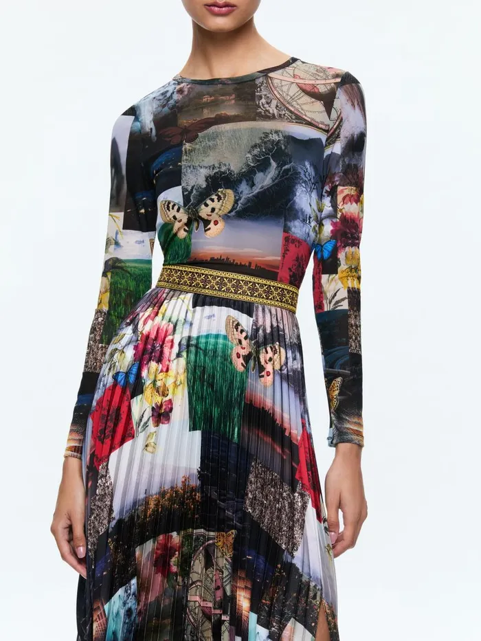 Dresses Women Alice Olivia IVEY LONG SLEEVE FITTED SUNBURST PLEATED MAXI DRESS Eco Fusion