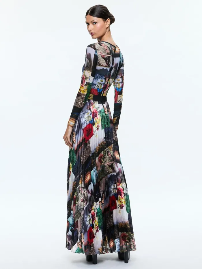 Dresses Women Alice Olivia IVEY LONG SLEEVE FITTED SUNBURST PLEATED MAXI DRESS Eco Fusion