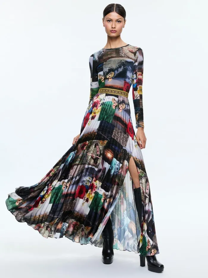 Dresses Women Alice Olivia IVEY LONG SLEEVE FITTED SUNBURST PLEATED MAXI DRESS Eco Fusion