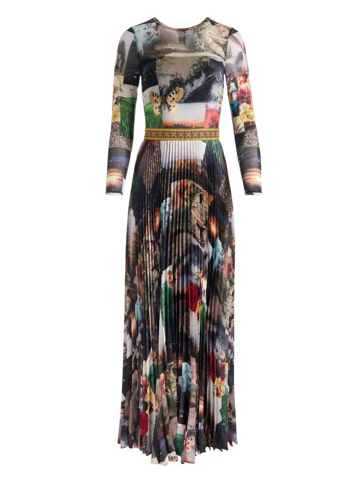 Dresses Women Alice Olivia IVEY LONG SLEEVE FITTED SUNBURST PLEATED MAXI DRESS Eco Fusion