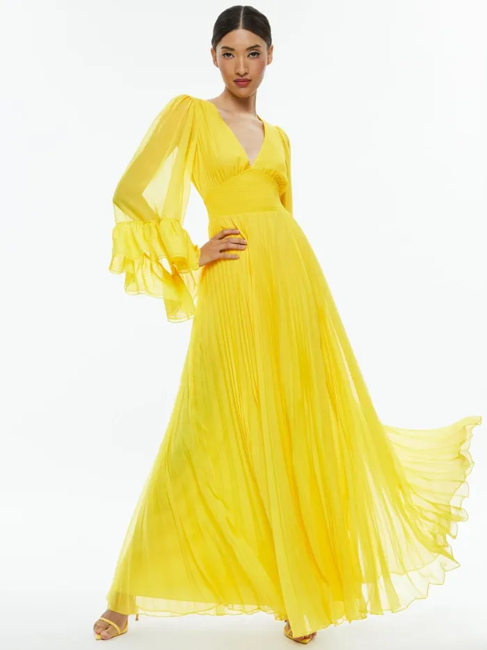 Dresses Women Alice Olivia SELENE DEEP V NECK PLEATED MAXI DRESS Happy Yellow Dresses Women Alice Olivia SELENE DEEP V NECK PLEATED MAXI DRESS Happy Yellow