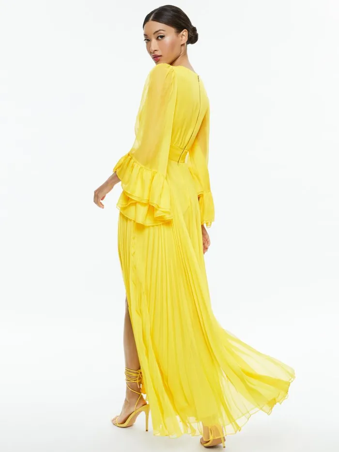 Dresses Women Alice Olivia SELENE DEEP V NECK PLEATED MAXI DRESS Happy Yellow