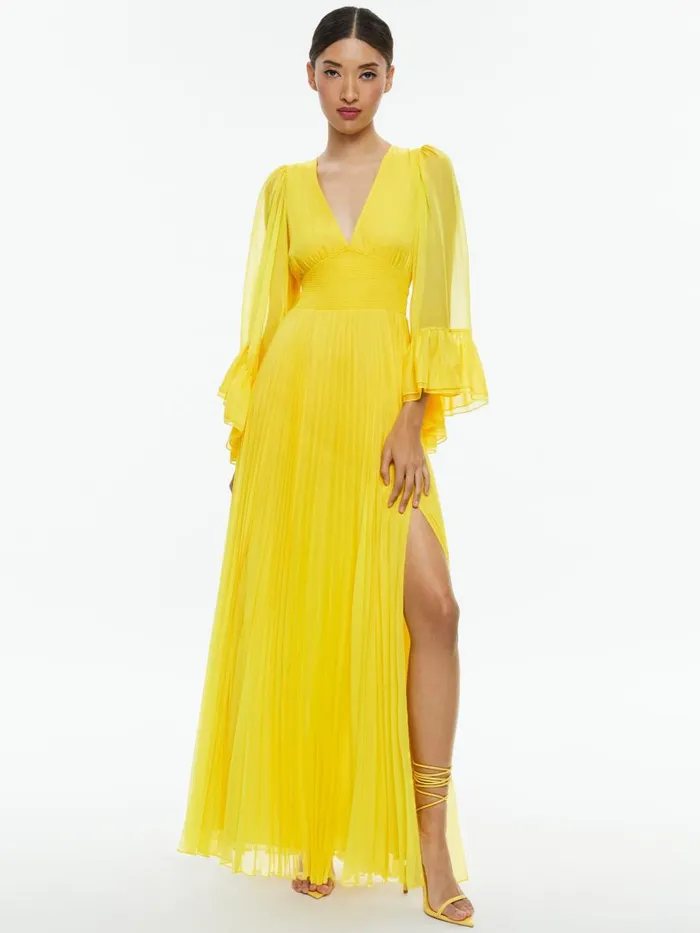Dresses Women Alice Olivia SELENE DEEP V NECK PLEATED MAXI DRESS Happy Yellow