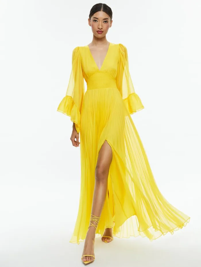 Dresses Women Alice Olivia SELENE DEEP V NECK PLEATED MAXI DRESS Happy Yellow