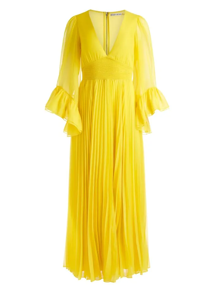 Dresses Women Alice Olivia SELENE DEEP V NECK PLEATED MAXI DRESS Happy Yellow