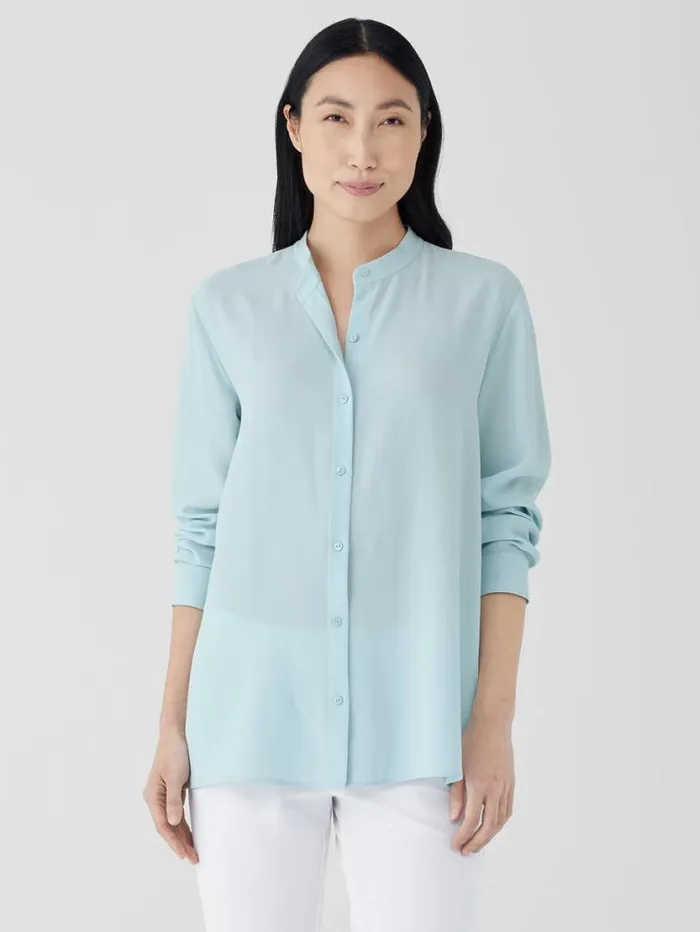 Eileen Fisher Pants Shorts and Jumpsuits Silk Georgette Crepe Band Collar Shirt Clearwater 8211 Shop