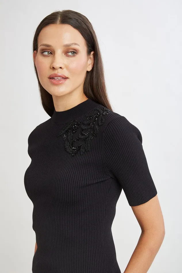 Elie Tahari Beaded Rib Sweater Black Women Tops