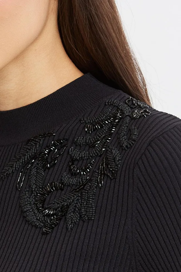 Elie Tahari Beaded Rib Sweater Black Women Tops