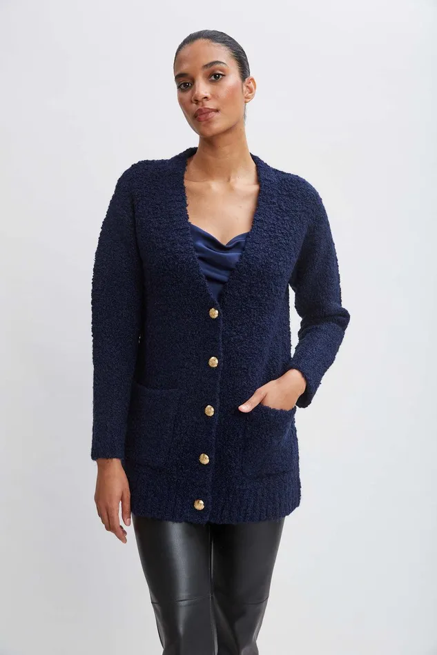Elie Tahari Boucle Merino Cardigan Midnight Women Tops