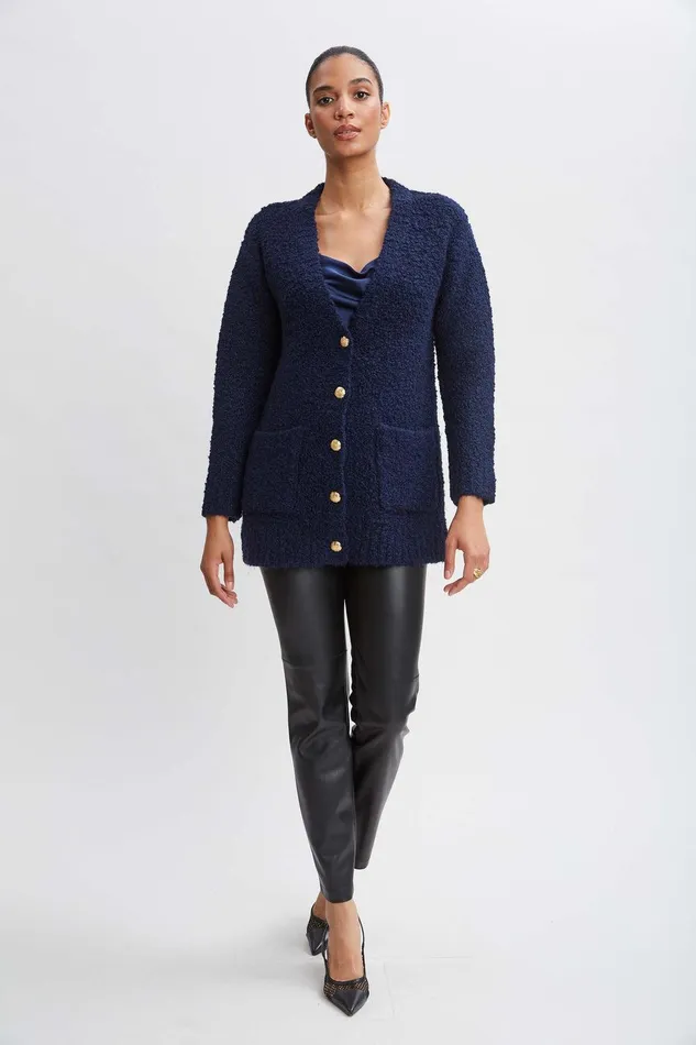 Elie Tahari Boucle Merino Cardigan Midnight Women Tops