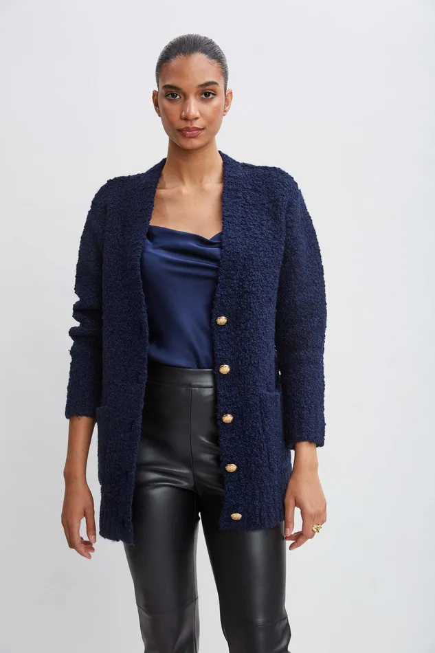 Elie Tahari Boucle Merino Cardigan Midnight Women Tops