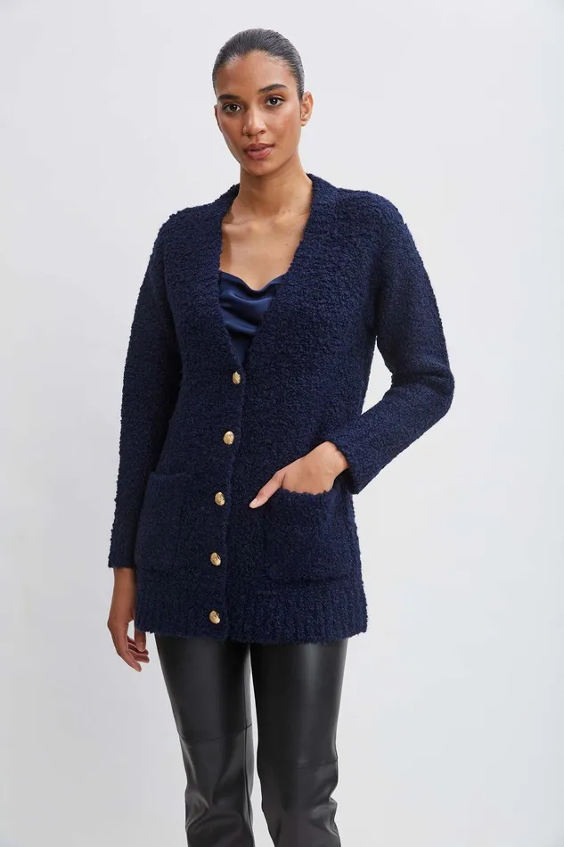 Elie Tahari Boucle Merino Cardigan Midnight Women Tops