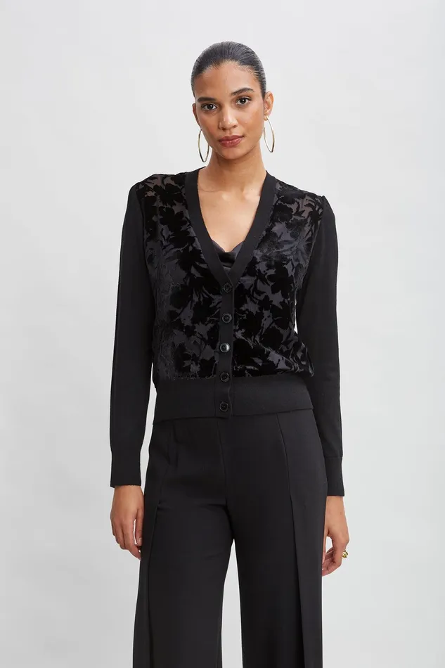 Elie Tahari Burnout Velvet Cardigan Black Women Tops