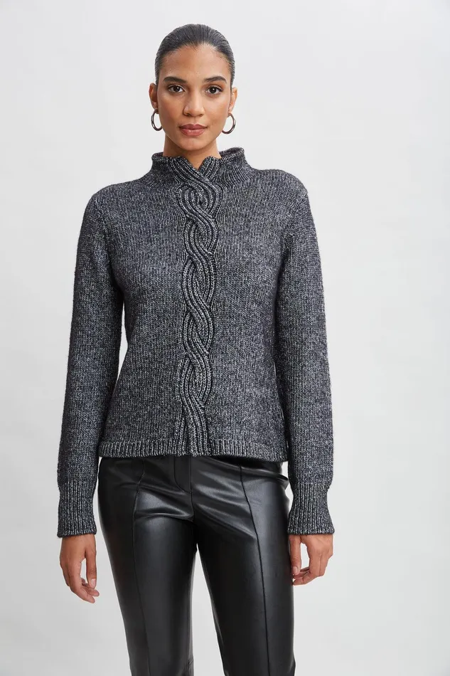 Elie Tahari Cable Front Cotton Merino Sweater Black Melange Women Tops