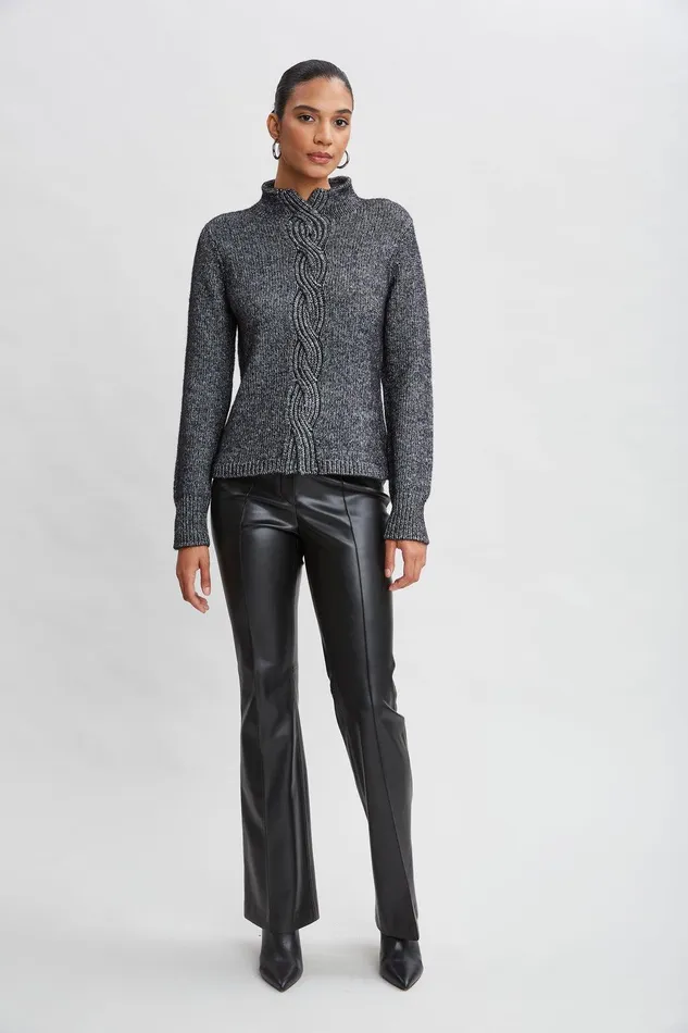 Elie Tahari Cable Front Cotton Merino Sweater Black Melange Women Tops