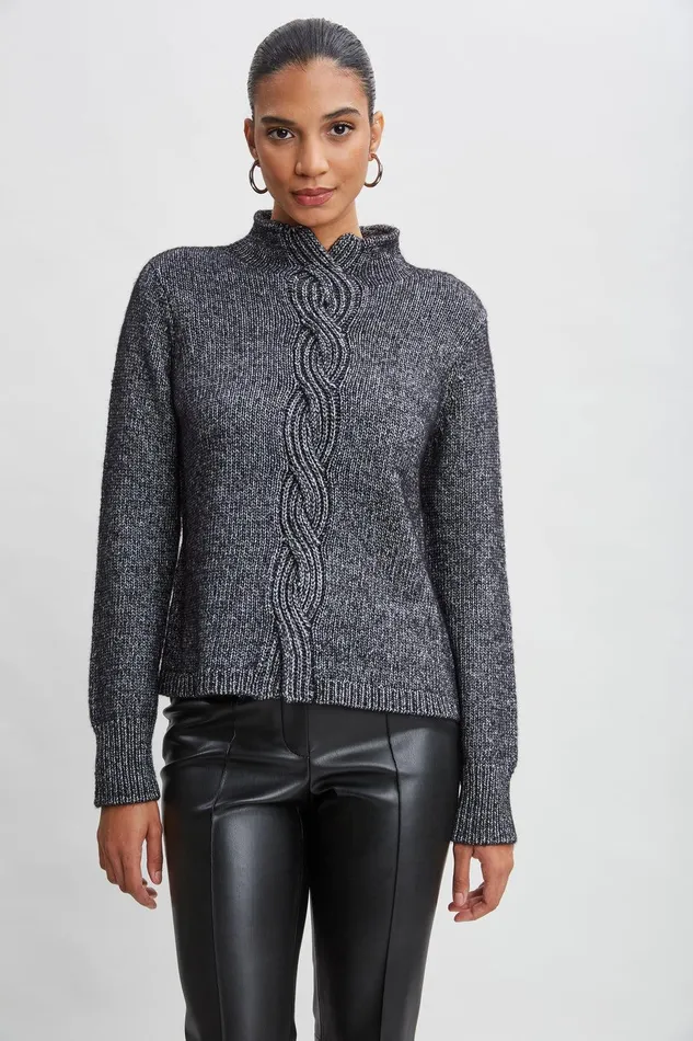 Elie Tahari Cable Front Cotton Merino Sweater Black Melange Women Tops