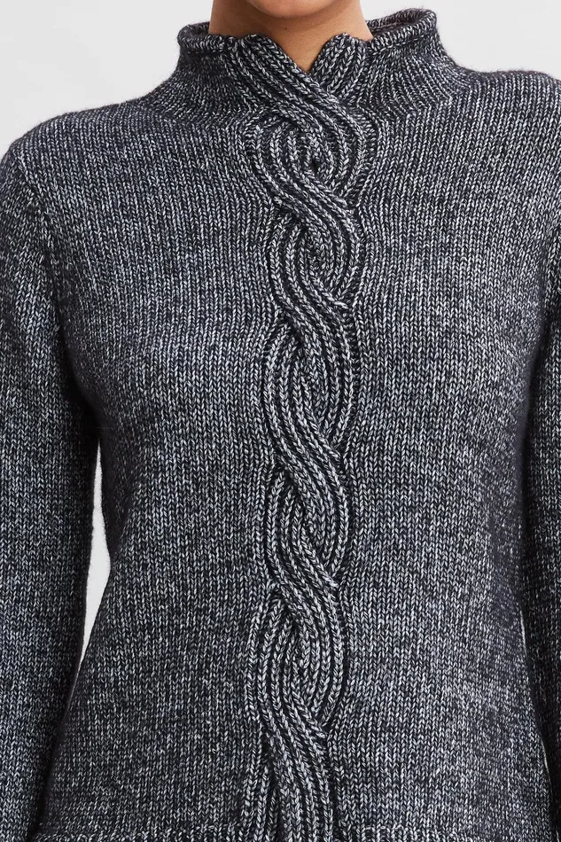 Elie Tahari Cable Front Cotton Merino Sweater Black Melange Women Tops