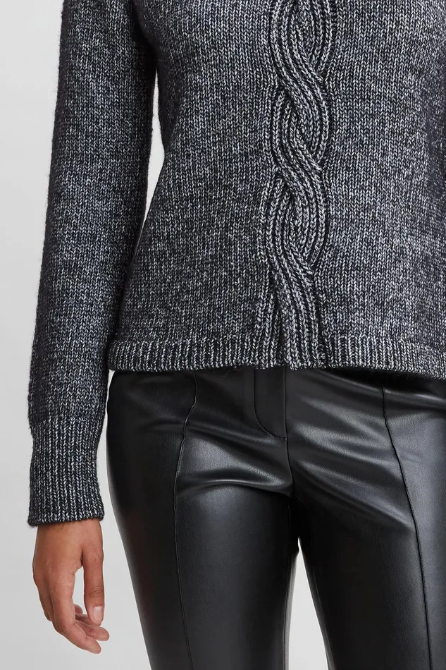 Elie Tahari Cable Front Cotton Merino Sweater Black Melange Women Tops
