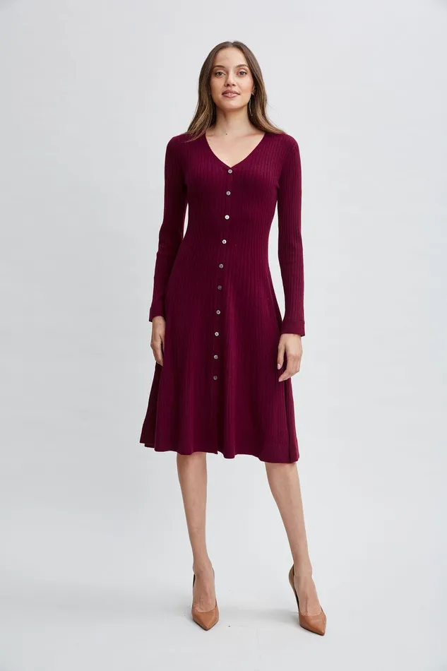 Elie Tahari Cashmere Fit and Flare Dress Cranberry Women Dresses and Jumpsuits