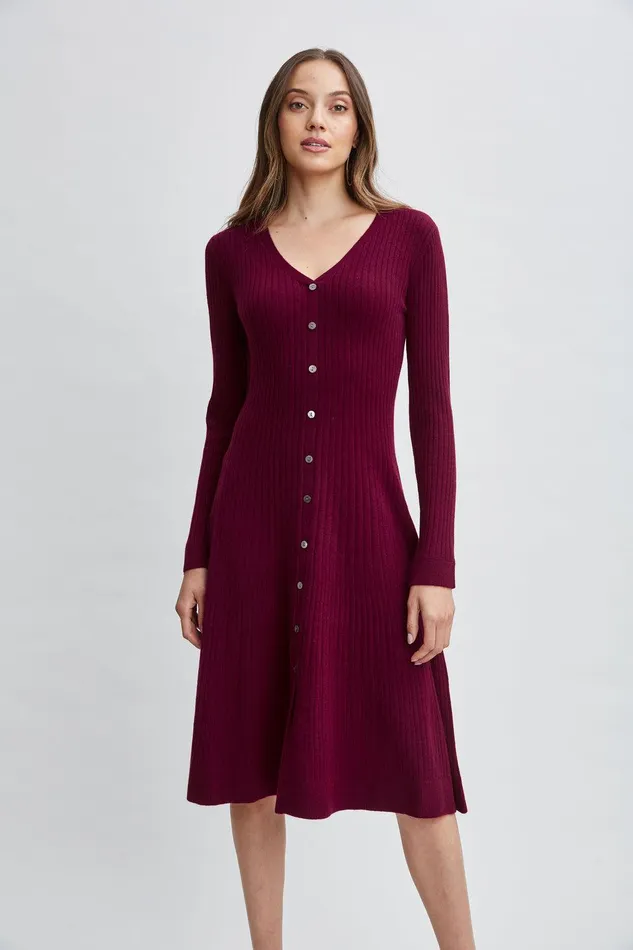 Elie Tahari Cashmere Fit and Flare Dress Cranberry Women Dresses and Jumpsuits