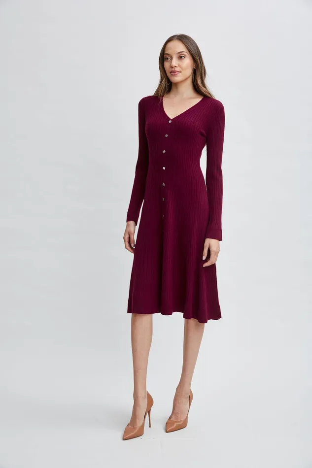Elie Tahari Cashmere Fit and Flare Dress Cranberry Women Dresses and Jumpsuits