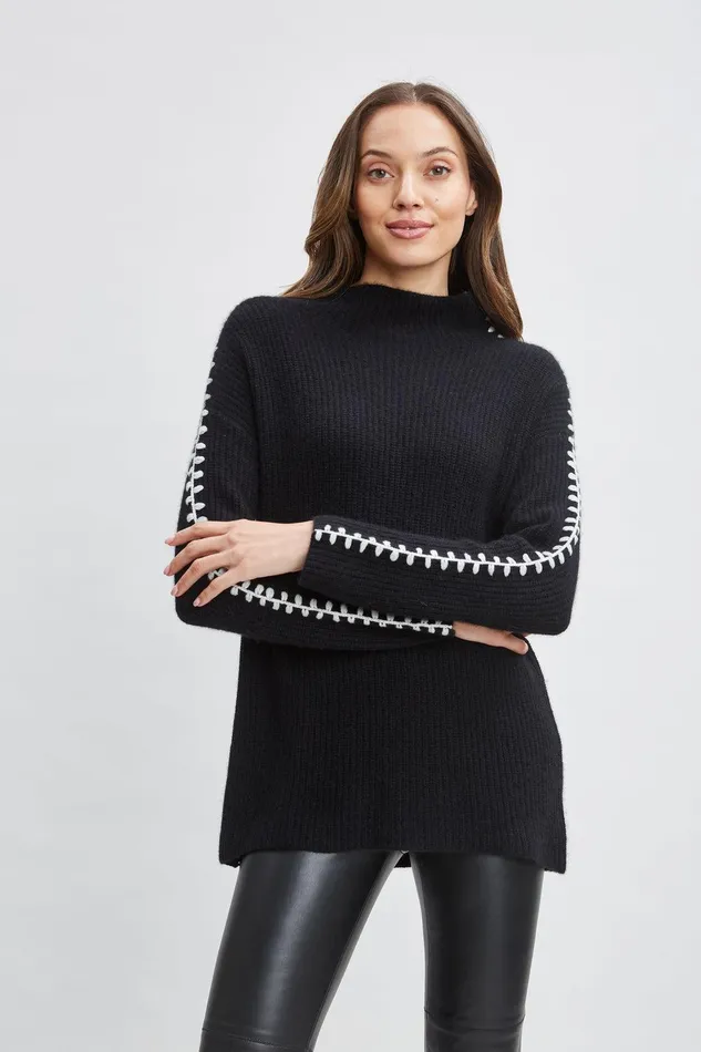 Elie Tahari Cashmere Whipstitch Sweater Black Women Tops