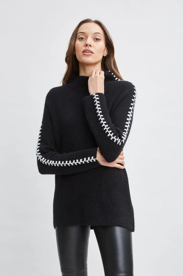 Elie Tahari Cashmere Whipstitch Sweater Black Women Tops