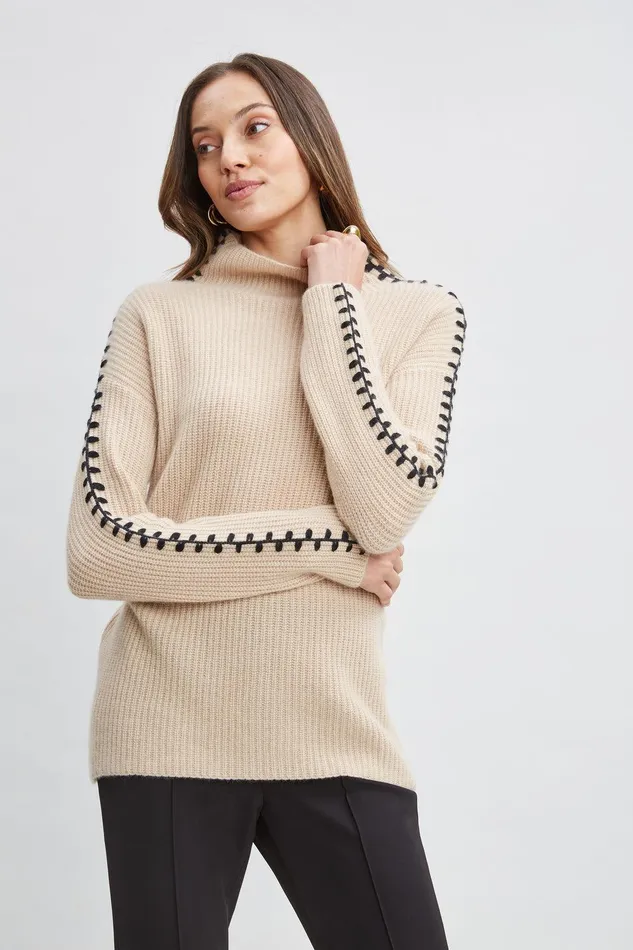 Elie Tahari Cashmere Whipstitch Sweater Light Saddle Women Tops
