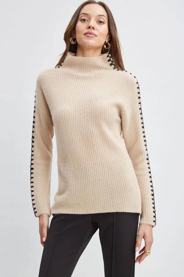 Elie Tahari Cashmere Whipstitch Sweater Light Saddle Women Tops