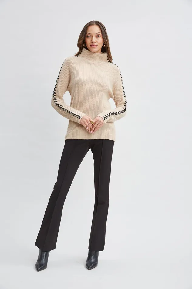 Elie Tahari Cashmere Whipstitch Sweater Light Saddle Women Tops