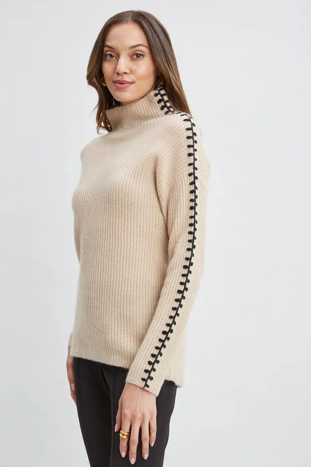 Elie Tahari Cashmere Whipstitch Sweater Light Saddle Women Tops