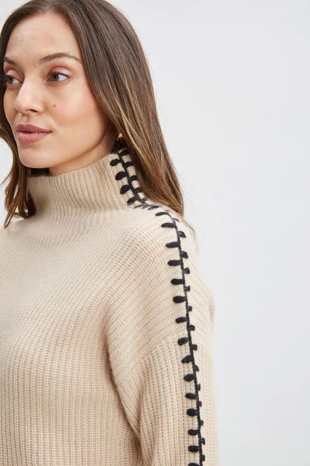 Elie Tahari Cashmere Whipstitch Sweater Light Saddle Women Tops