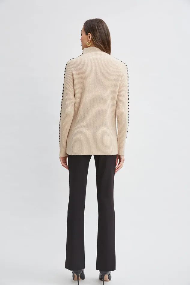 Elie Tahari Cashmere Whipstitch Sweater Light Saddle Women Tops
