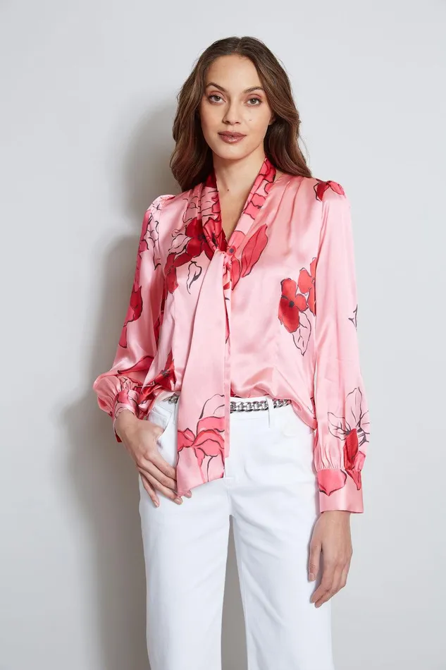 Elie Tahari Chelsea Floral Tie Neck Shirt Wild Strawberry Multi Women Tops