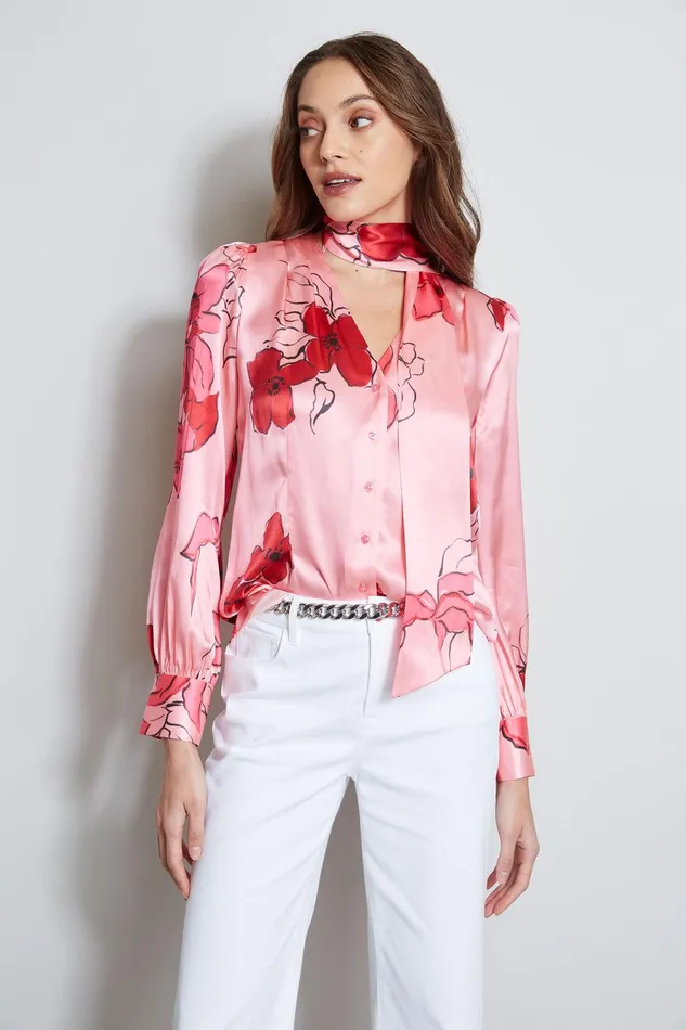 Elie Tahari Chelsea Floral Tie Neck Shirt Wild Strawberry Multi Women Tops