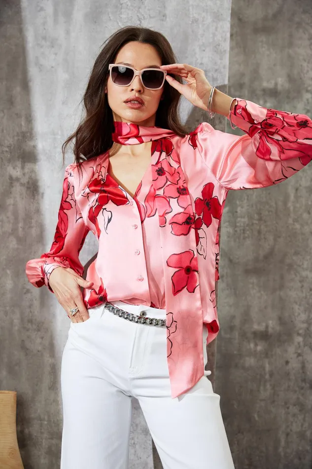 Elie Tahari Chelsea Floral Tie Neck Shirt Wild Strawberry Multi Women Tops