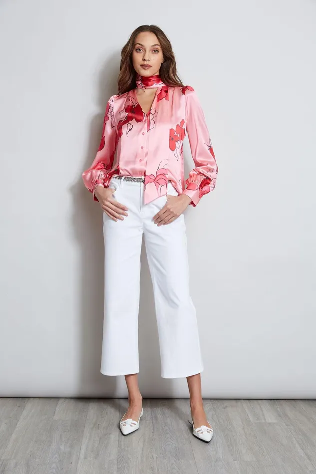 Elie Tahari Chelsea Floral Tie Neck Shirt Wild Strawberry Multi Women Tops