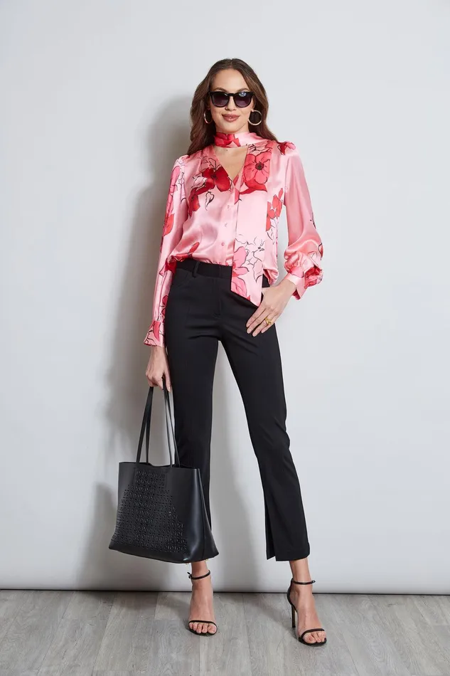 Elie Tahari Chelsea Floral Tie Neck Shirt Wild Strawberry Multi Women Tops