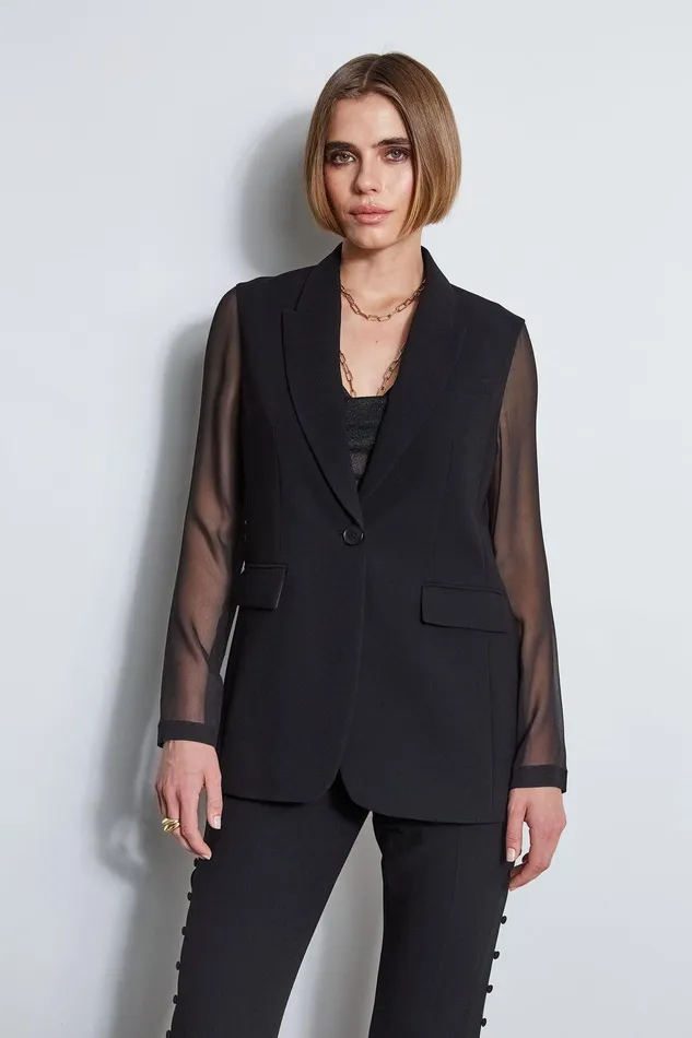 Elie Tahari Chiffon Combo Crepe Blazer Black Women Jackets and Blazers